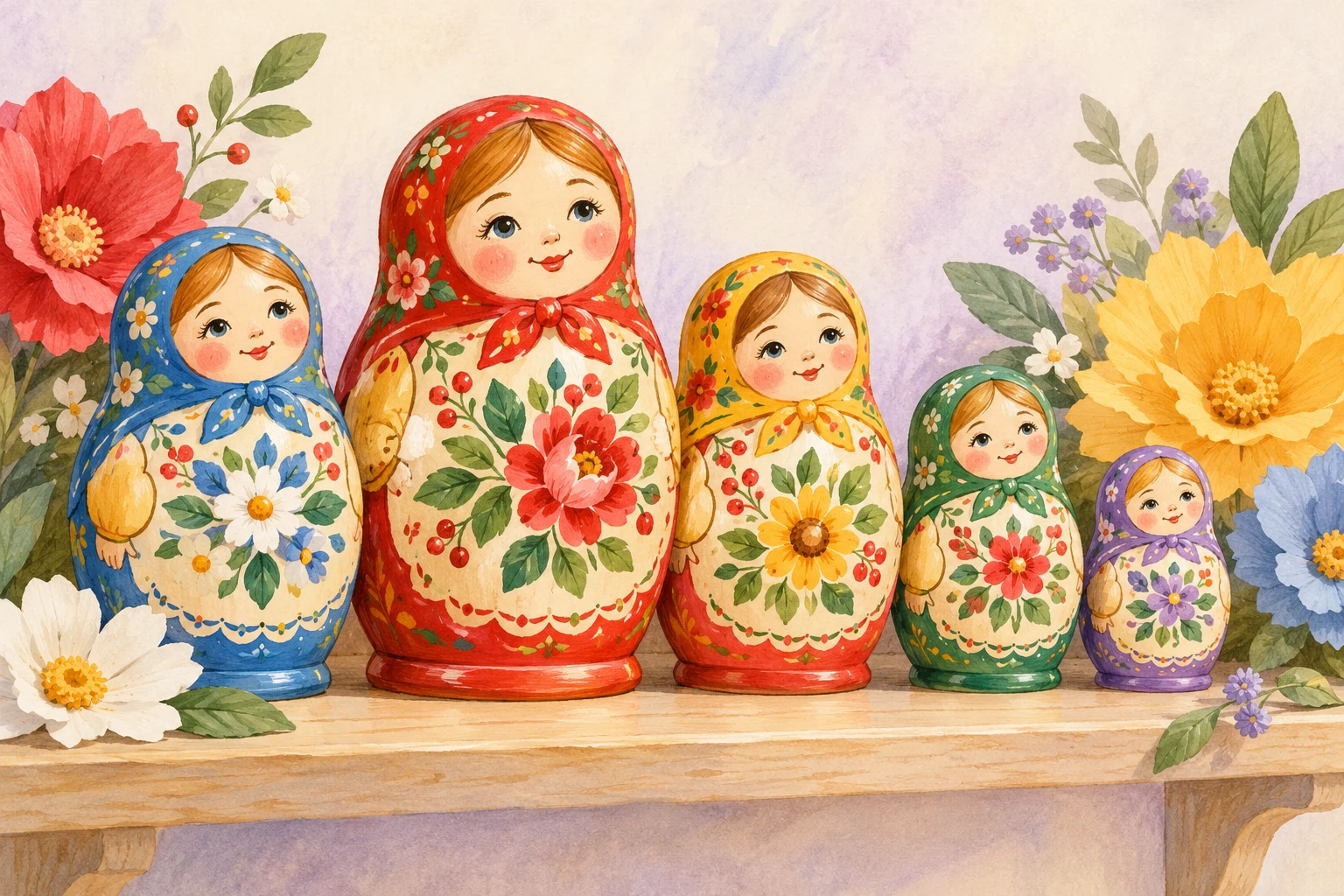 Пять расписных деревянных матрёшек с цветочными узорами